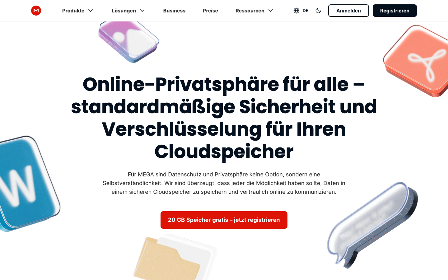 MEGA Startseite mit Hinweis auf Online-Privatsphäre und standardmäßige Verschlüsselung.