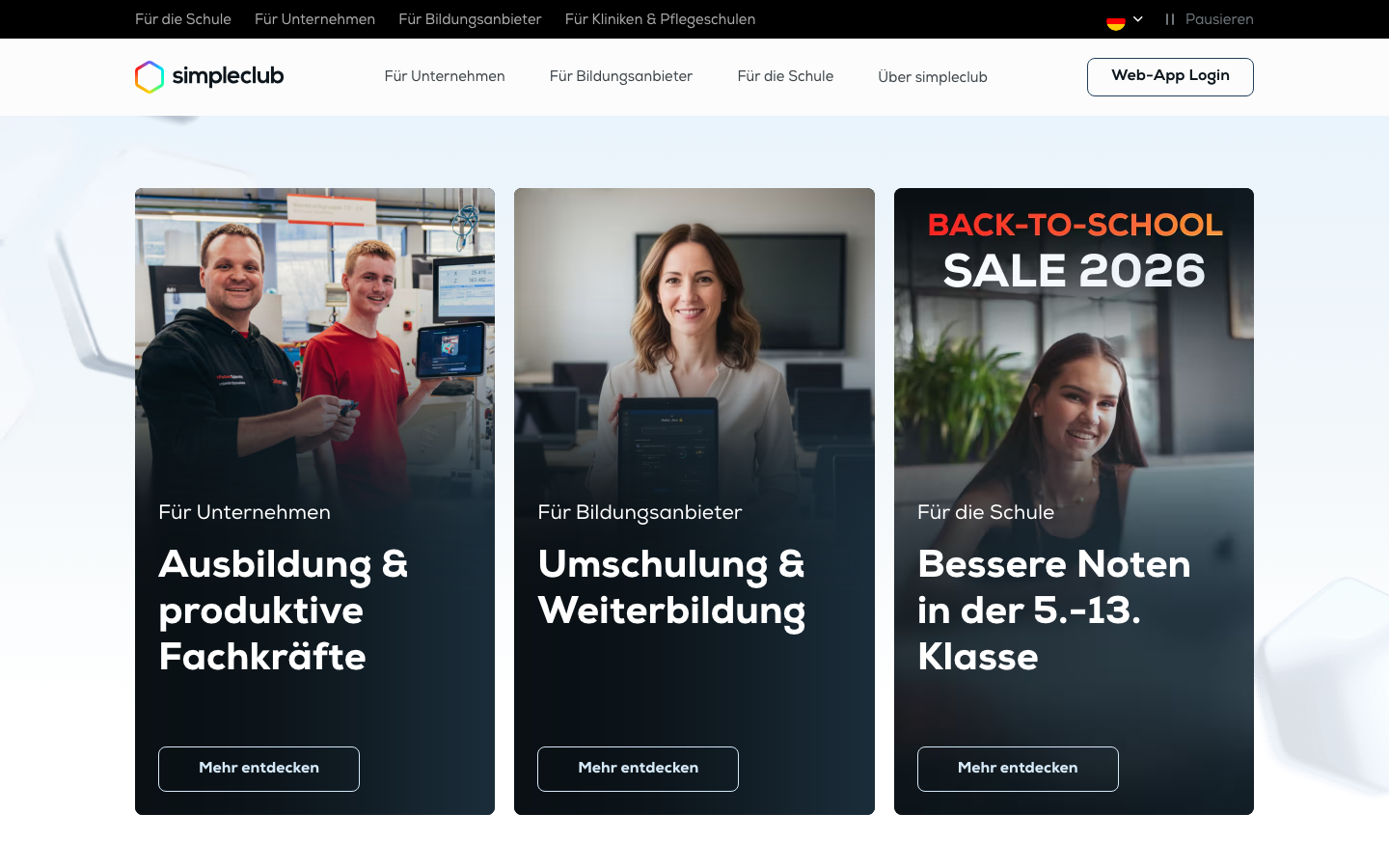 Startseite von simpleclub mit den Bereichen Schule, Ausbildung und Weiterbildung.