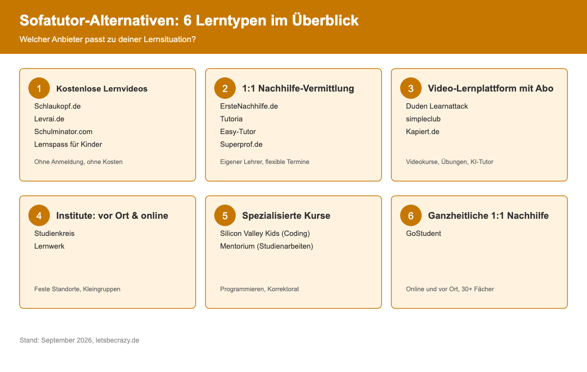 Übersichtsgrafik mit sechs Kartenfeldern, die die 16 Sofatutor-Alternativen nach Lerntyp gruppiert.