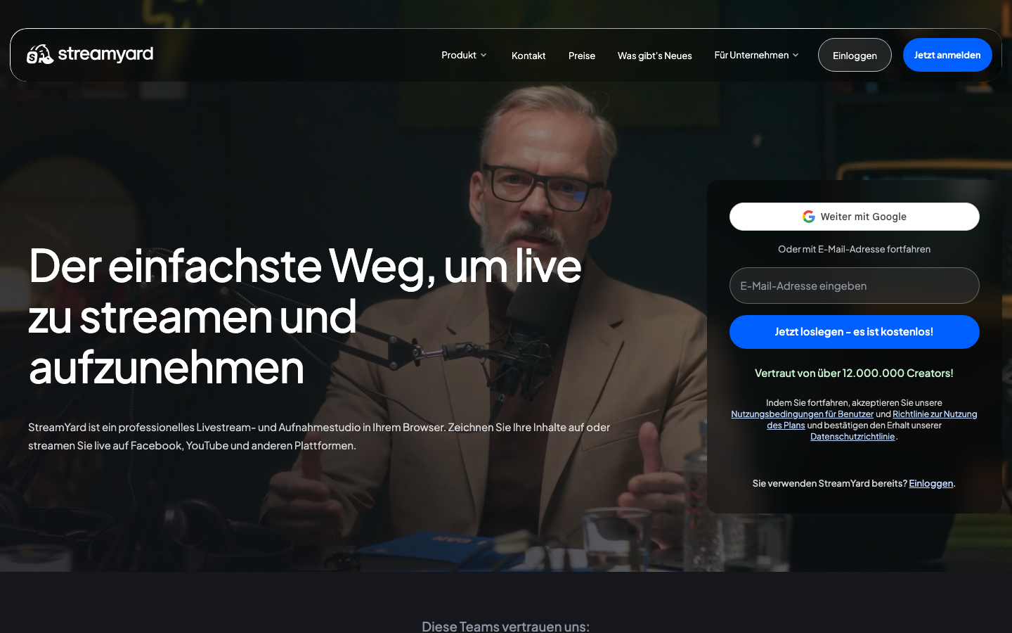 StreamYard Startseite