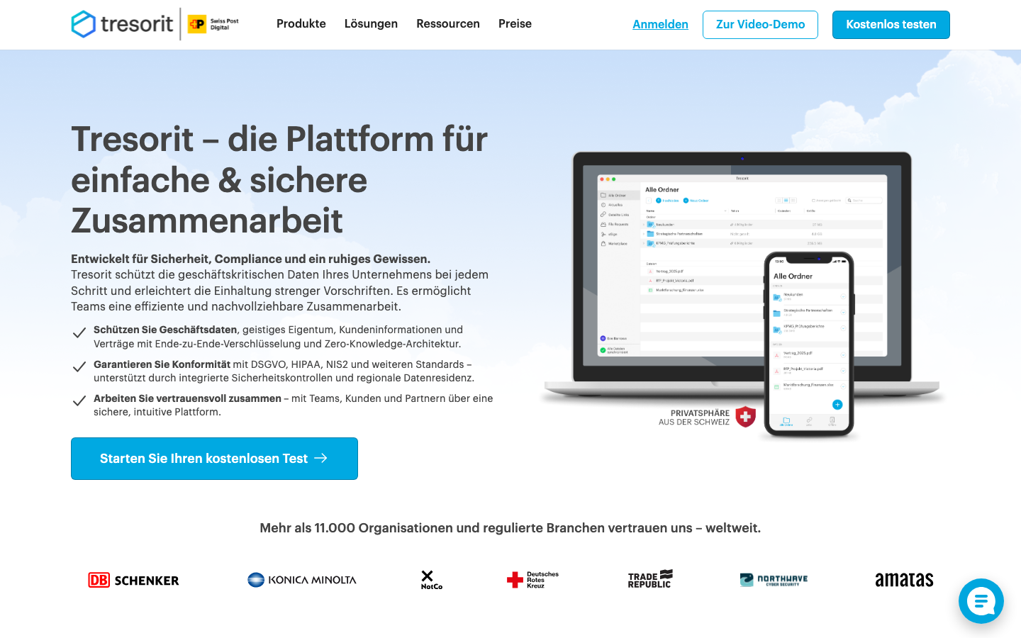 Tresorit Startseite mit Darstellung der Desktop- und Mobil-App für Teams.