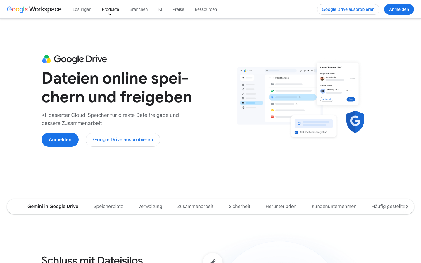 Google Drive Startseite mit Illustration zur Dateifreigabe und Verschlüsselungsoption.