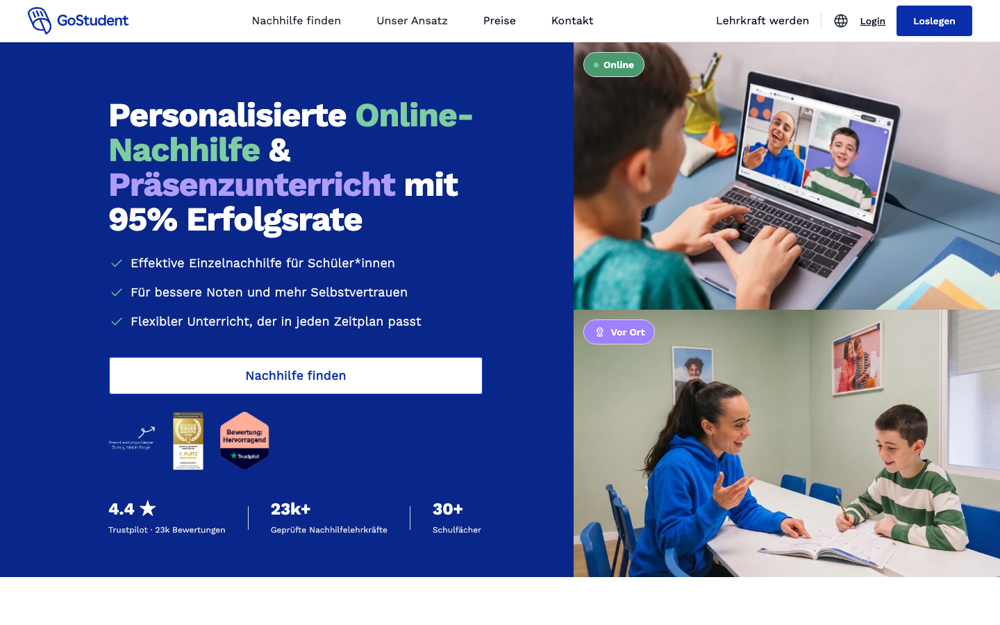 Startseite von GoStudent mit Angebot für Online-Nachhilfe und Präsenzunterricht.