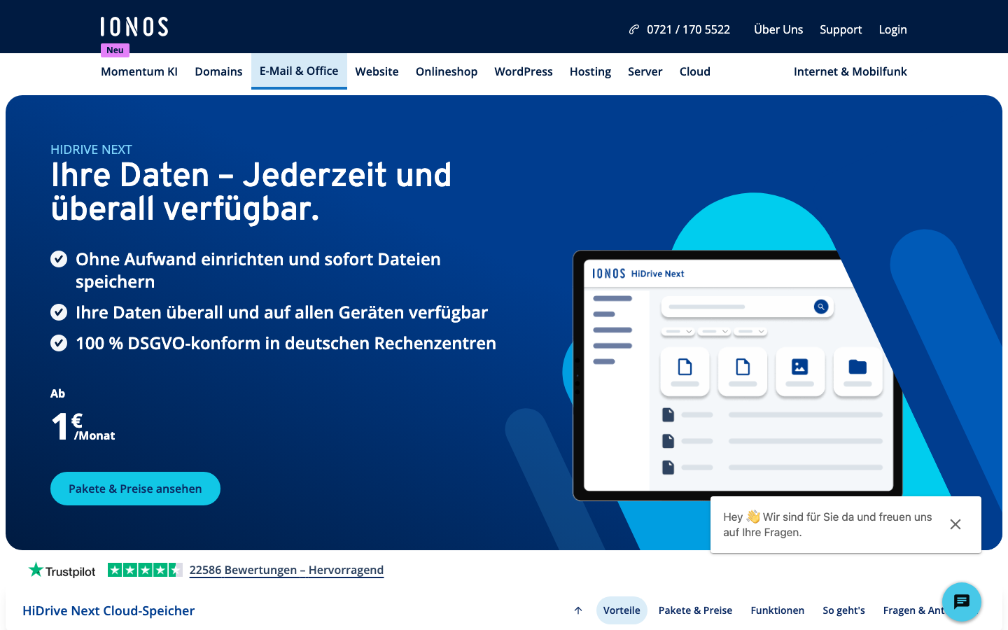IONOS HiDrive Next Startseite mit Vorschau der Dateiverwaltung und DSGVO-Hinweis.