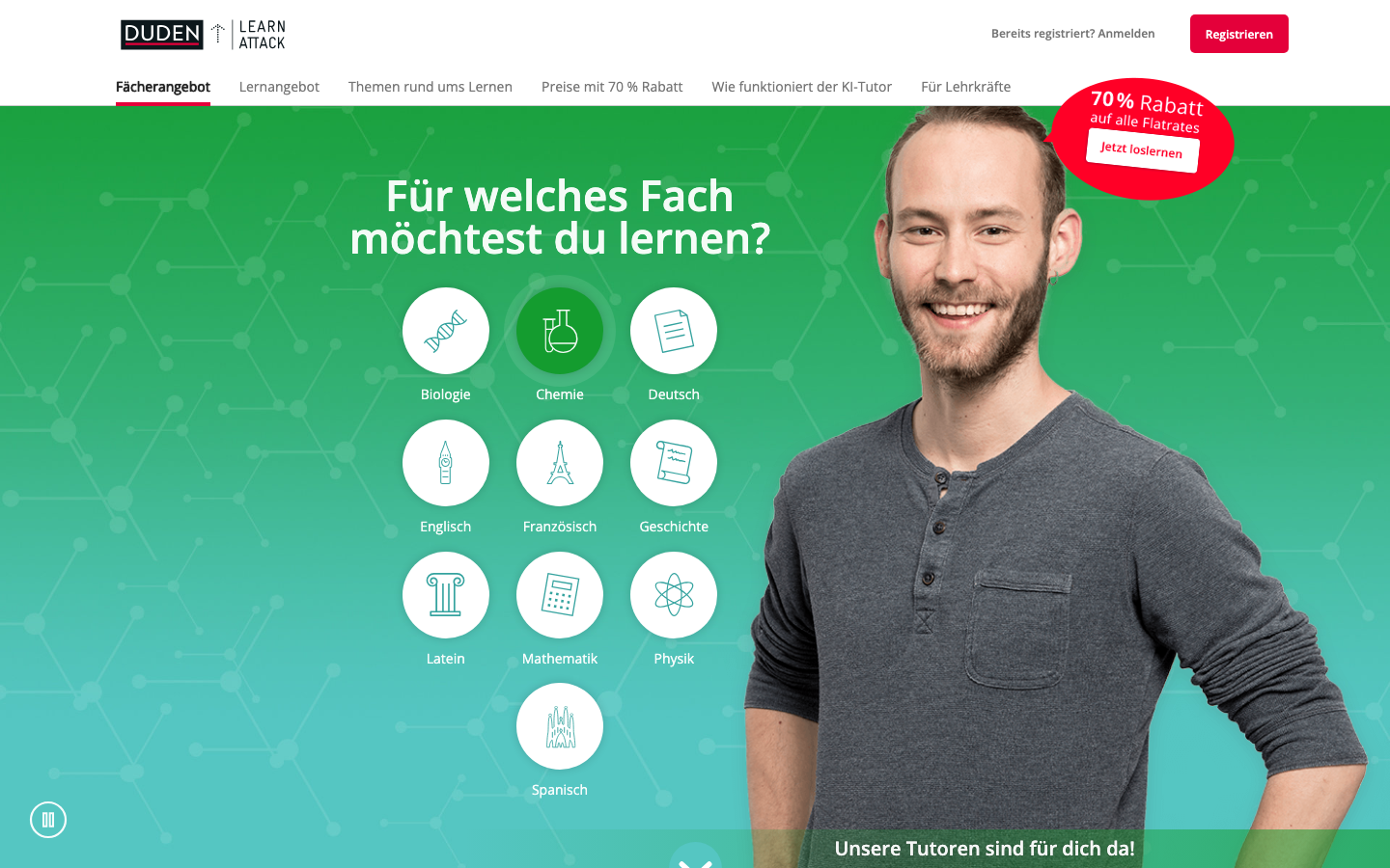 Startseite von Duden Learnattack mit Fächerauswahl und KI-Tutor-Werbung.