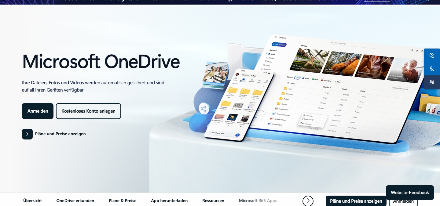 Microsoft OneDrive Startseite mit Darstellung der geräteübergreifenden Dateisynchronisierung.