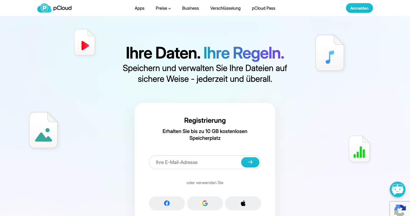 pCloud Registrierungsformular mit Hinweis auf kostenlosen Speicherplatz.