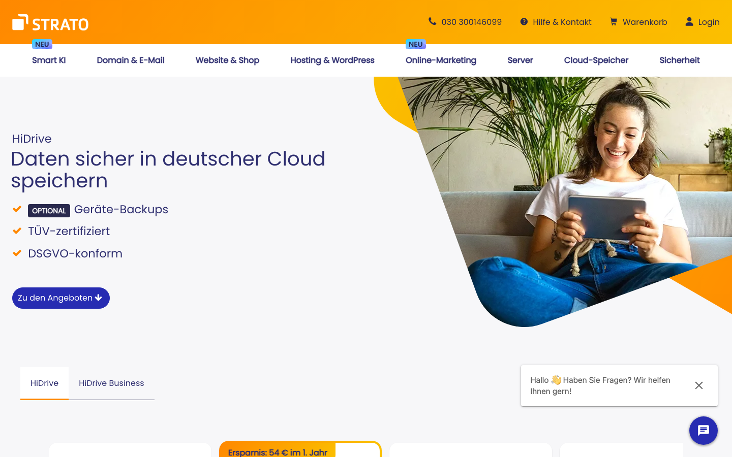 Strato HiDrive Startseite mit TÜV-Zertifizierung und DSGVO-Hinweis.