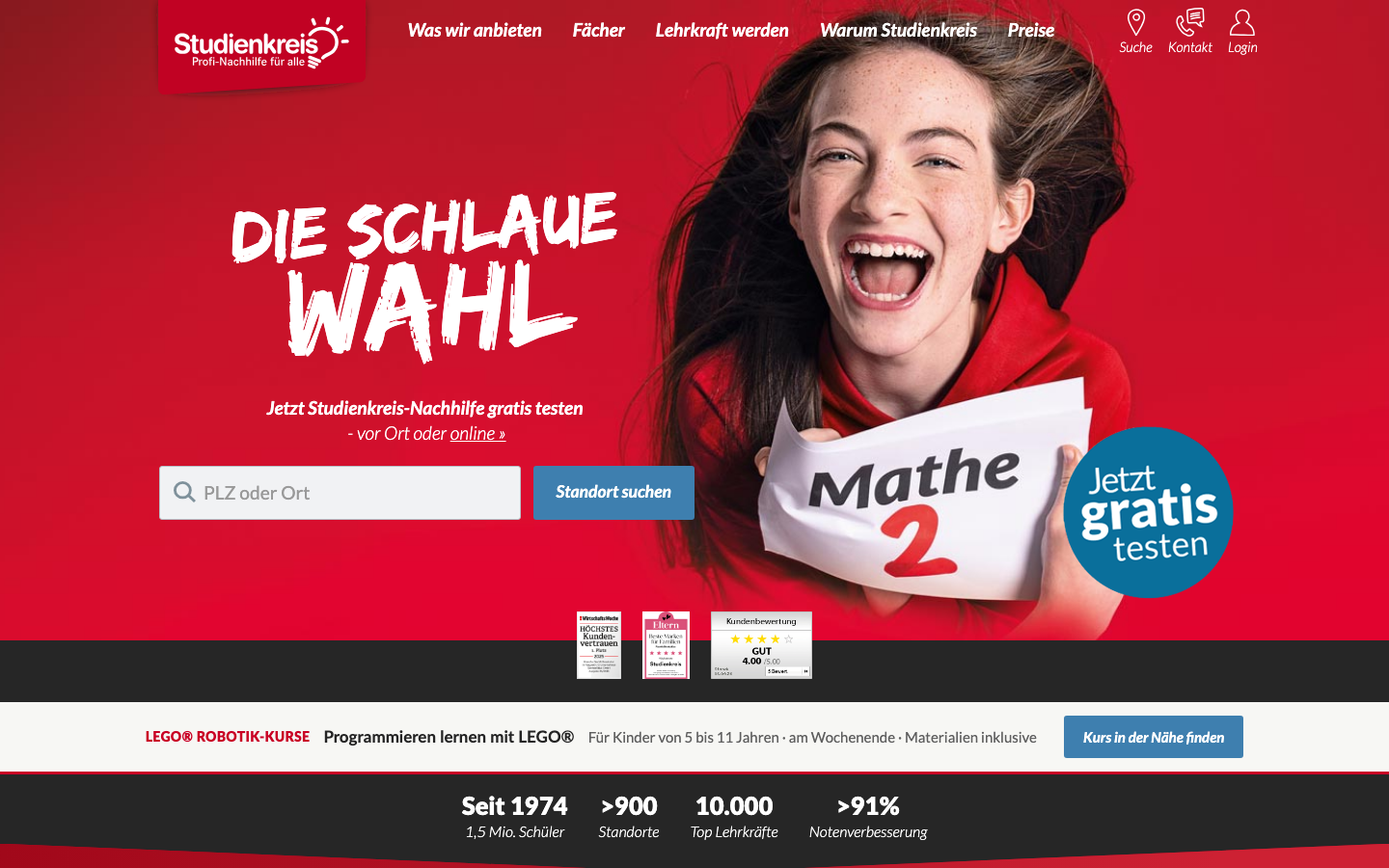 Startseite von Studienkreis mit Standortsuche und Kennzahlen zu Schülern und Standorten.