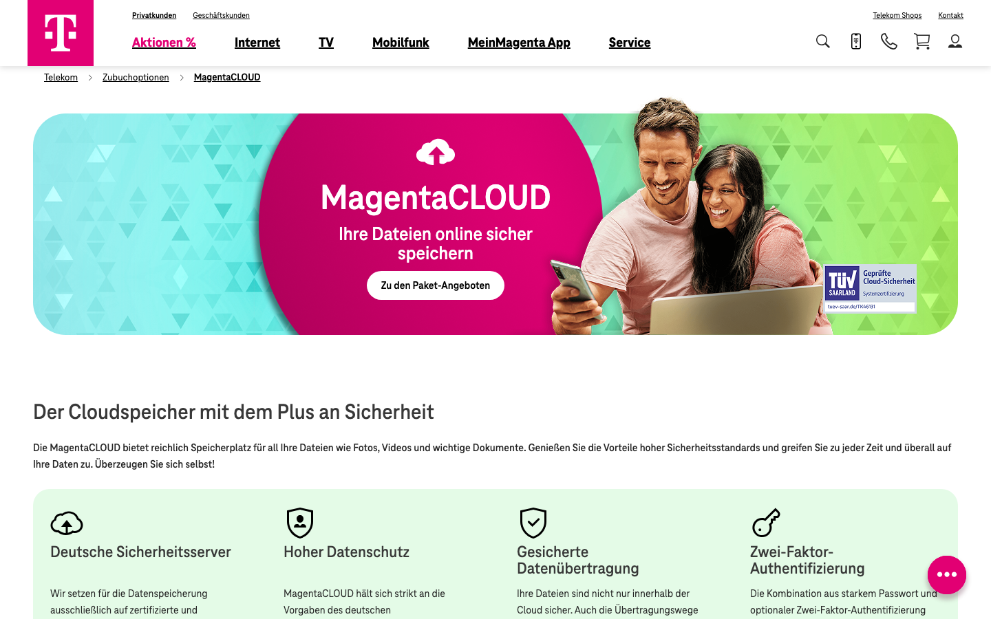 Telekom MagentaCLOUD Startseite mit Hinweis auf deutsche Sicherheitsserver und Zwei-Faktor-Schutz.