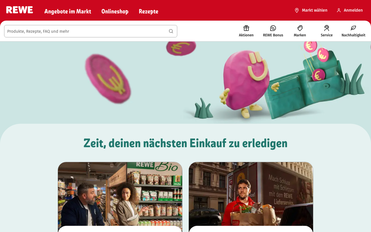 Startseite von rewe.de mit REWE Lieferservice und REWE Bonus