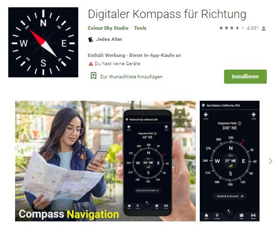 Digitaler Kompass für Richtung- App