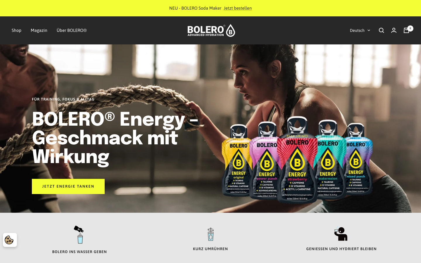 Bolero Startseite mit Energy-Geschmacksrichtungen