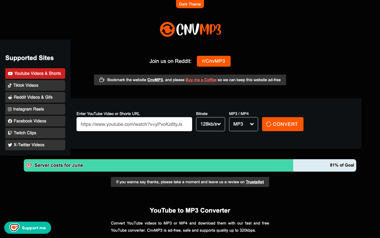 CnvMP3 Startseite, YouTube und TikTok zu MP3 Konverter