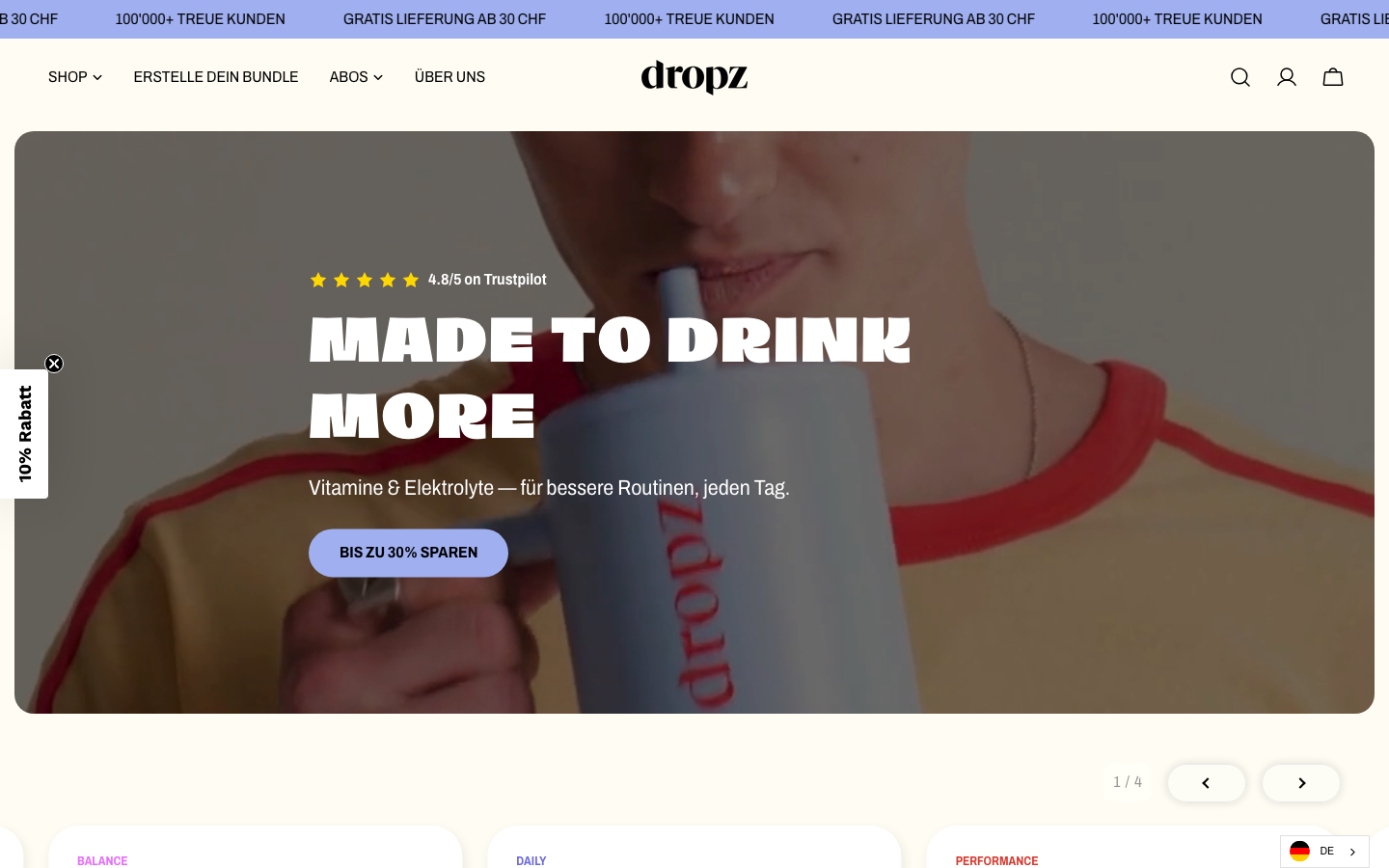 dropz Startseite mit Vitamin- und Elektrolyt-Getränkezusatz