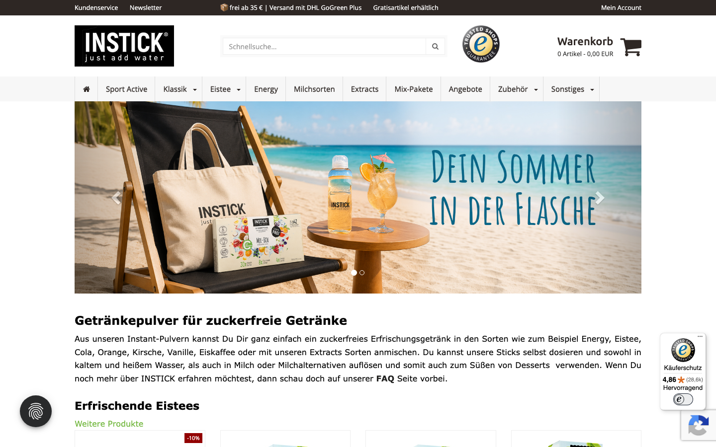 INSTICK Startseite mit Instant-Getränkepulver Sortiment