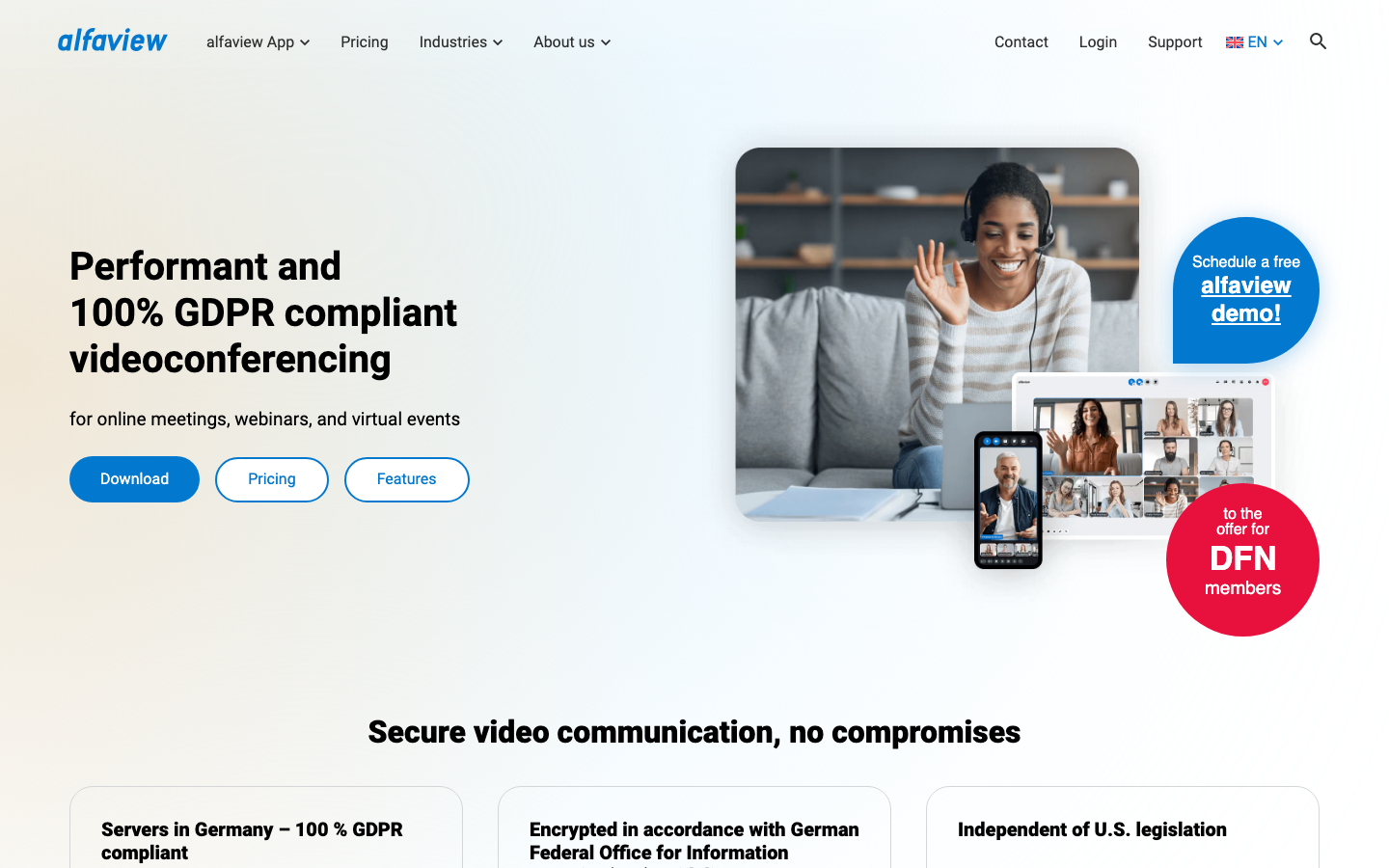 alfaview DSGVO-konforme Videokonferenz-Startseite