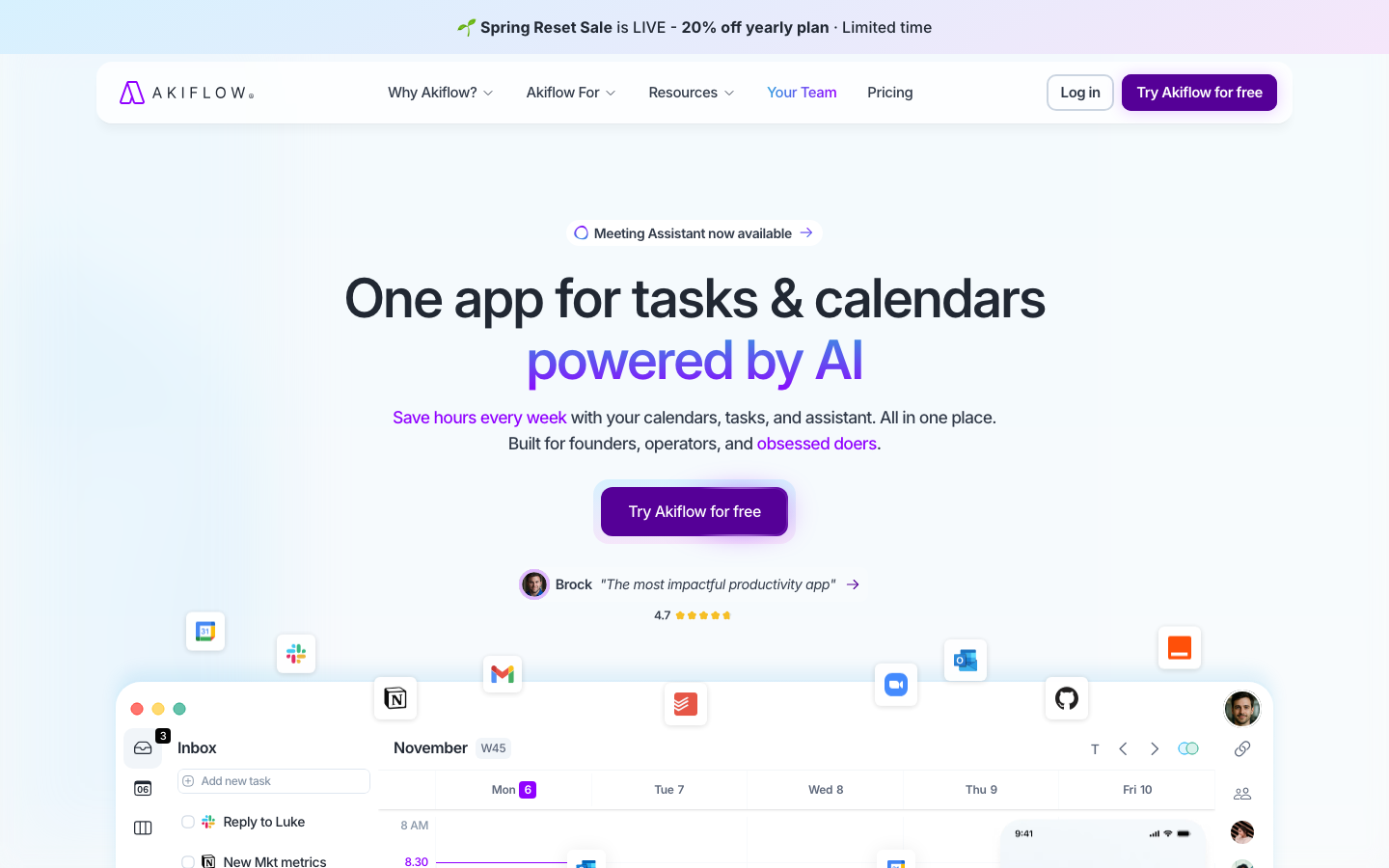 Akiflow Screenshot -- Task-Inbox mit Kalender und Command Bar