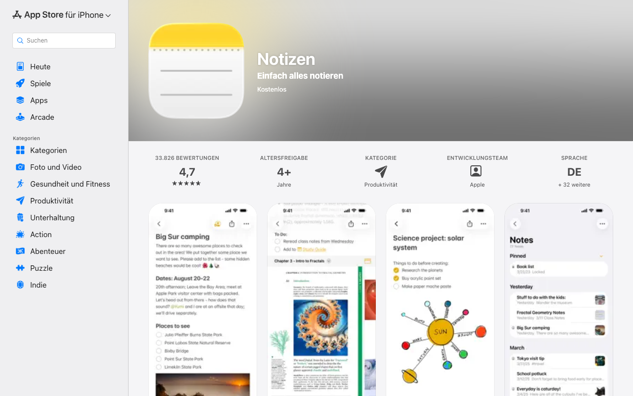 Apple Notes App Store – kostenlose Notiz-App für iPhone und Mac