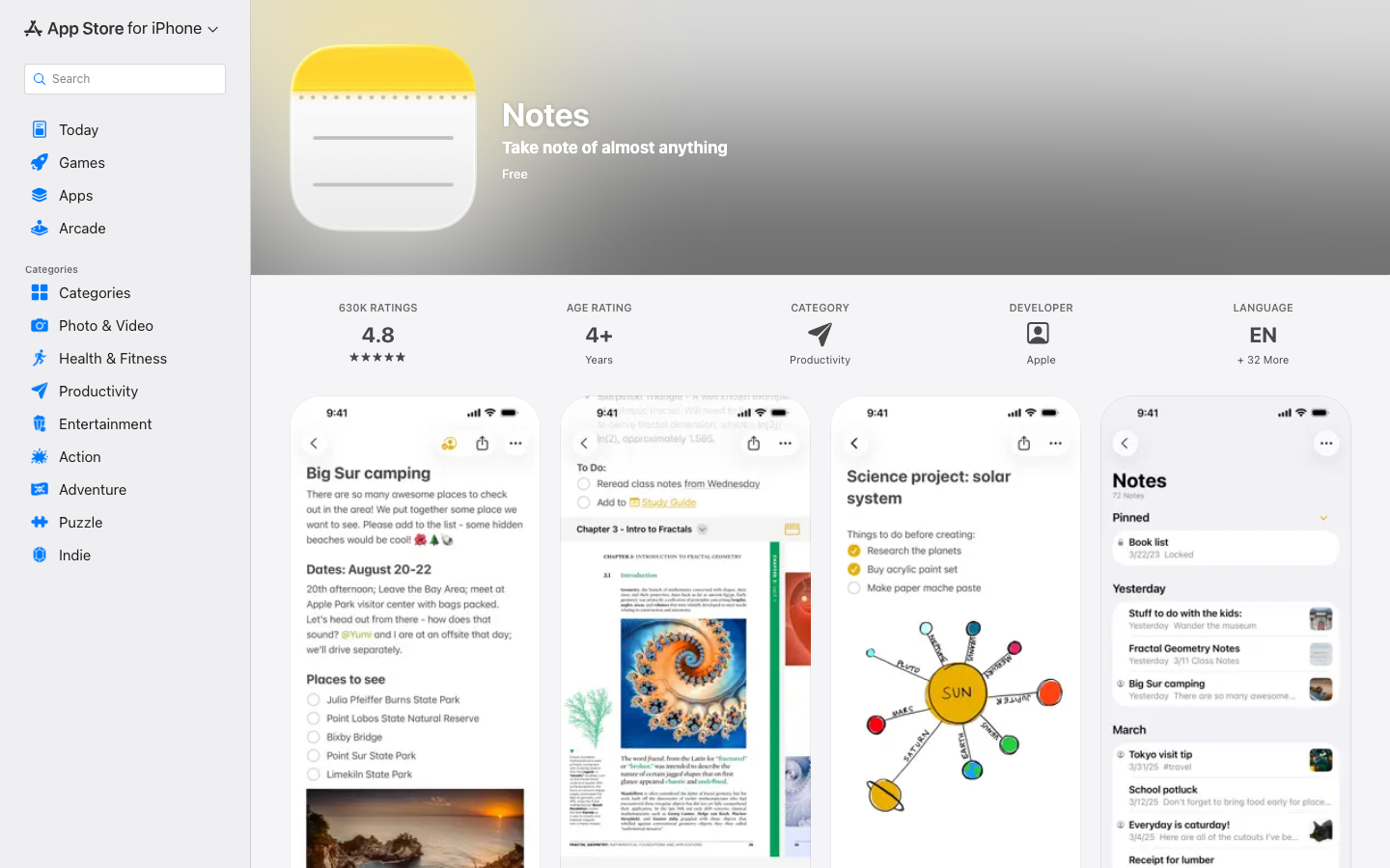 Apple Notizen im App Store - native Notiz-App fuer iPhone, iPad und Mac