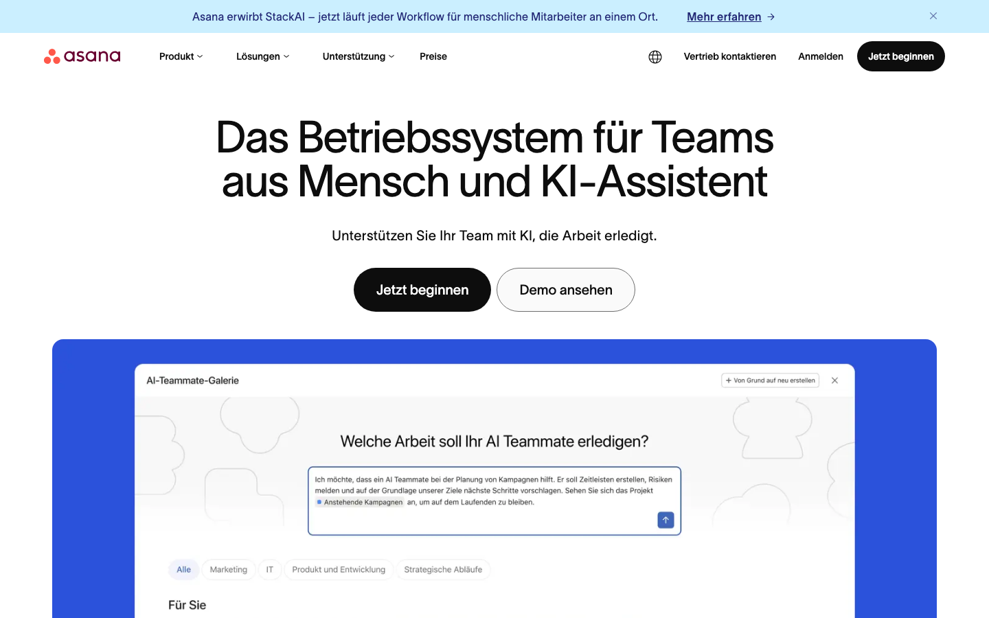 Asana Homepage - Betriebssystem für Teams aus Mensch und KI
