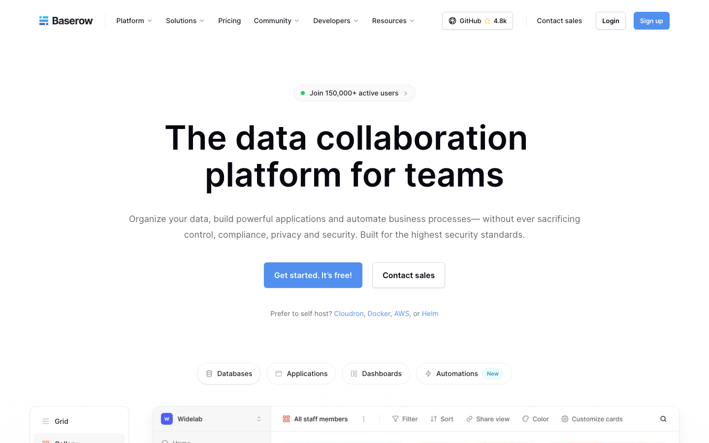 Baserow Homepage - DSGVO-konformes Open-Source-Datenbankwerkzeug
