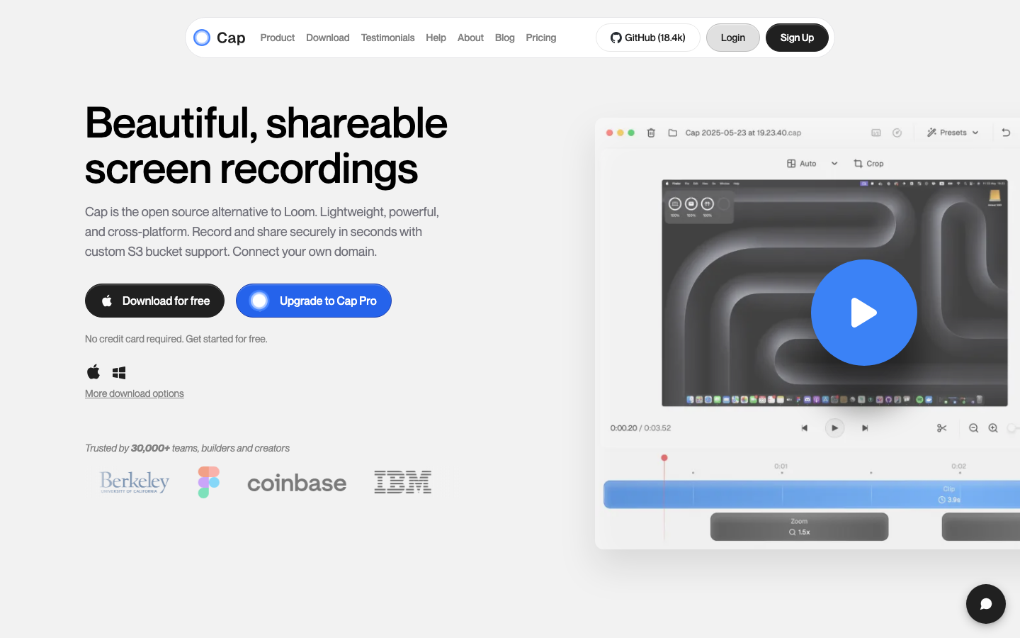 Cap Homepage Screenshot – Open-Source Loom-Alternative