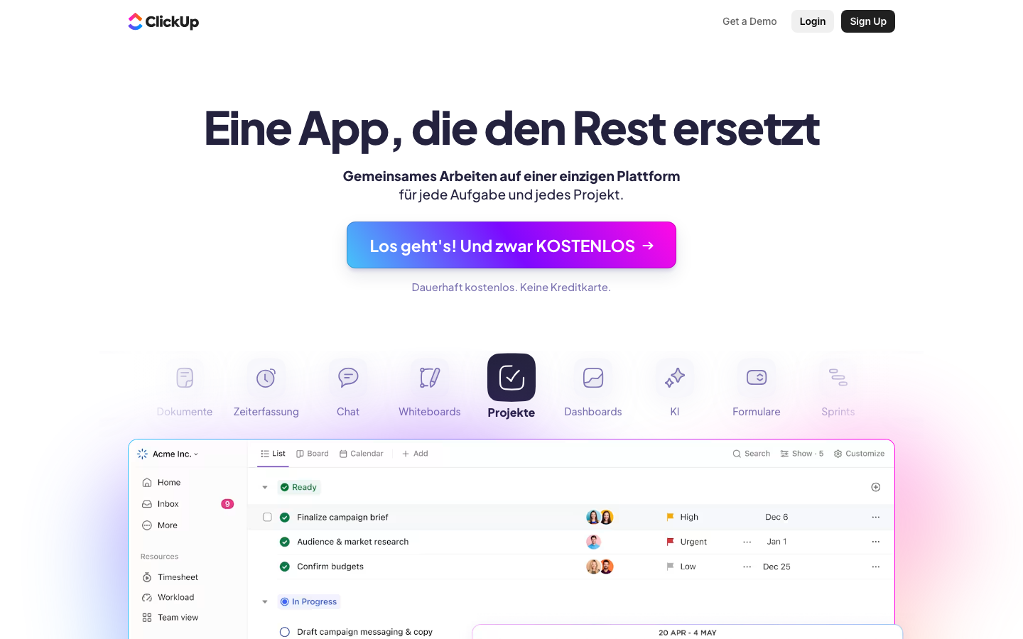 ClickUp Homepage - All-in-One Projektmanagement mit Dokumentation
