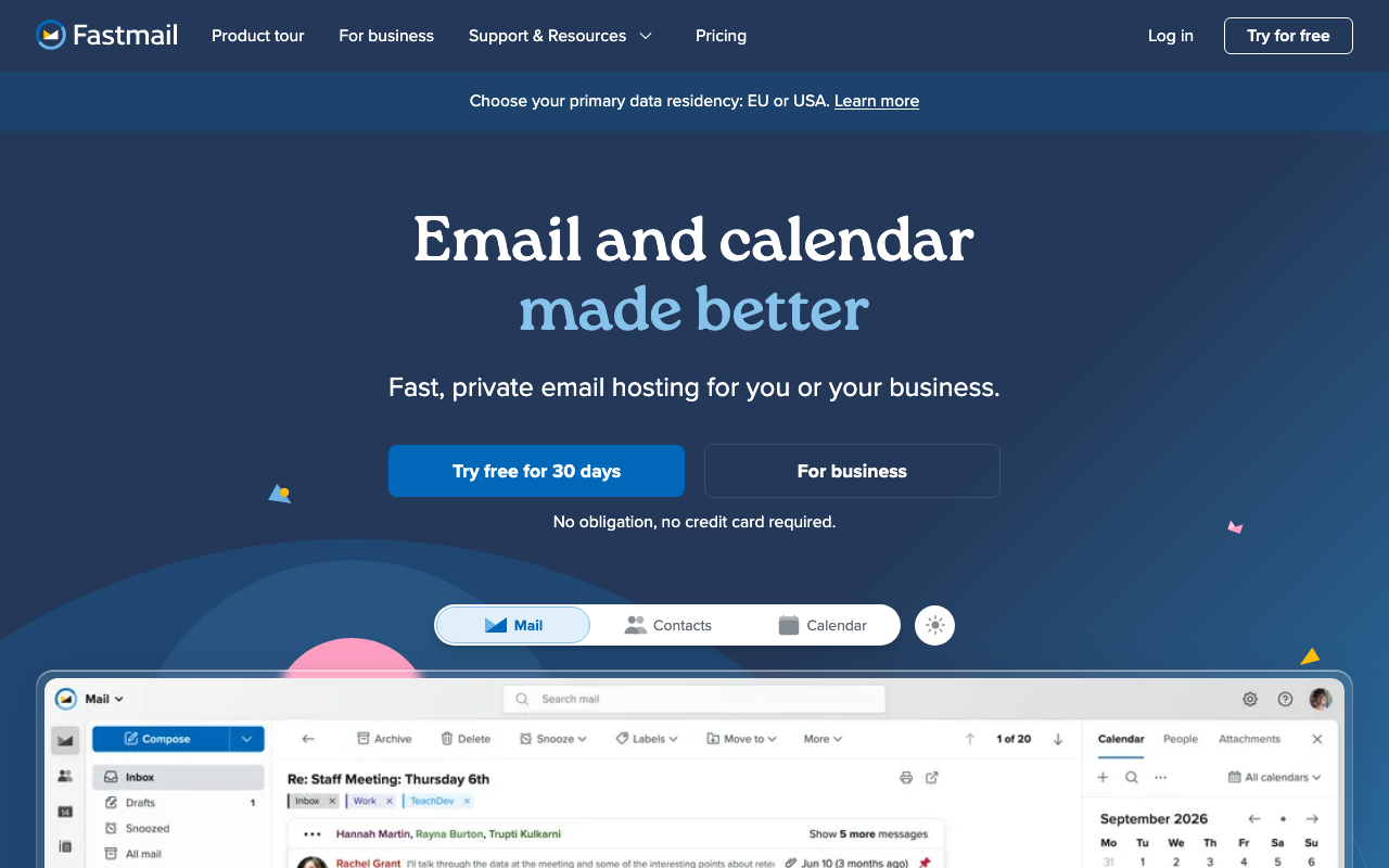 Startseite von Fastmail, dem fokussierten E-Mail-Dienst