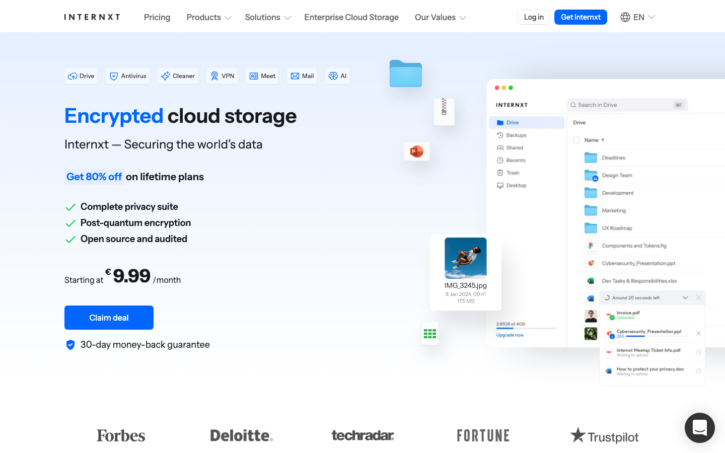 Internxt Startseite -- Europaeischer verschluesselter Cloud-Speicher aus Spanien