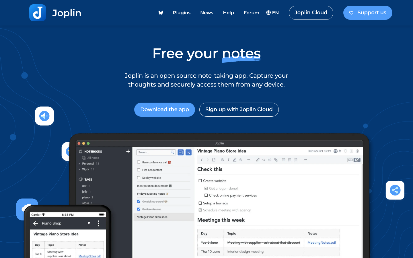 Joplin Startseite - Open-Source-Notiz-App mit Ende-zu-Ende-Verschluesselung