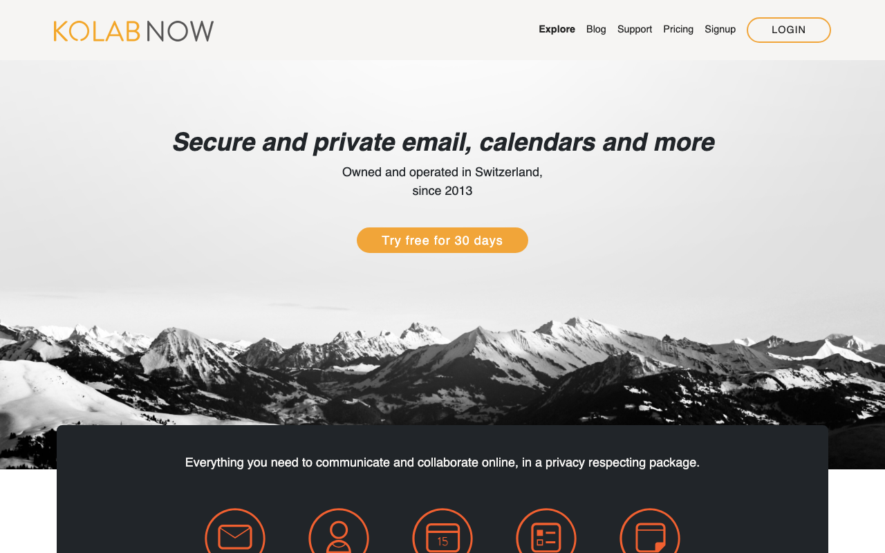 Startseite von Kolab Now, der Schweizer E-Mail- und Kalender-Suite