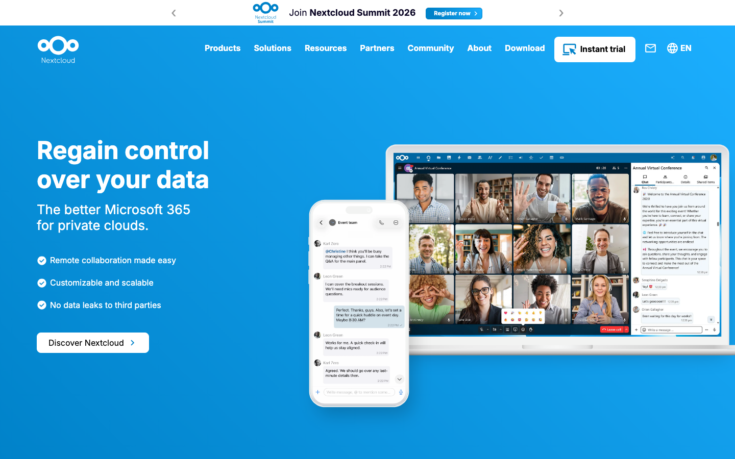 Nextcloud Startseite -- Open-Source Cloud-Speicher fuer Selbst-Hosting