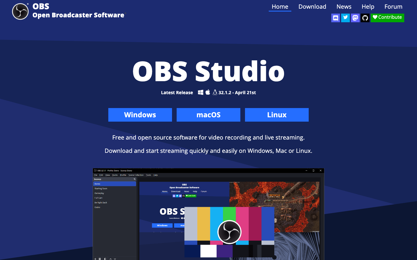 OBS Studio Homepage Screenshot – Kostenloser Open-Source Screen Recorder