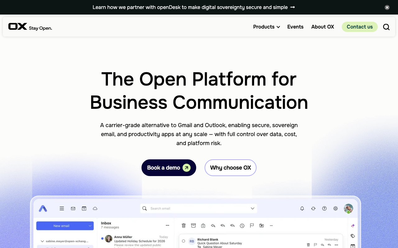 Startseite von OX, vormals Open-Xchange, fuer Hosting-Partner