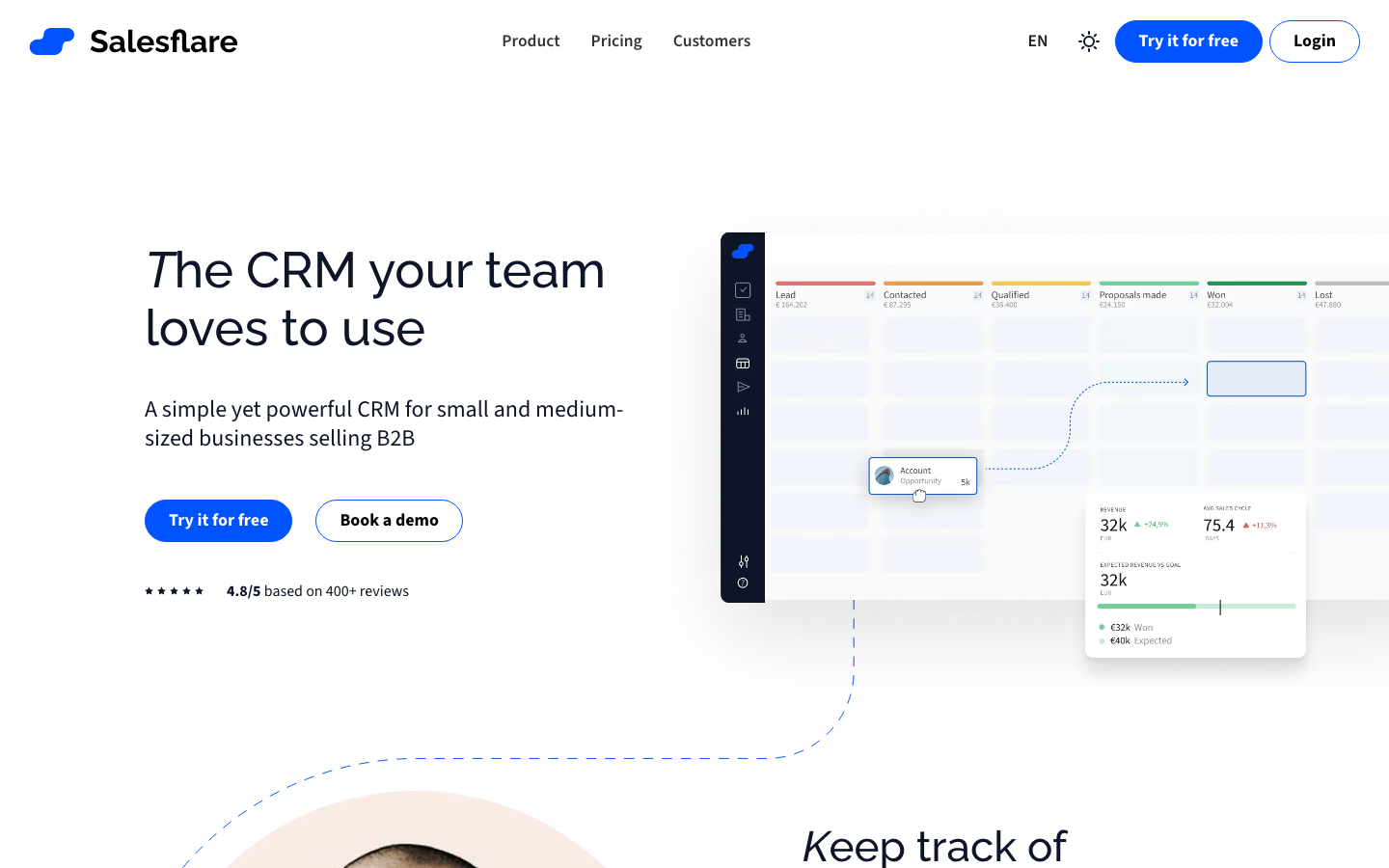 Salesflare Startseite – automatisiertes B2B-CRM mit minimaler Datenpflege (Quelle: Salesflare)