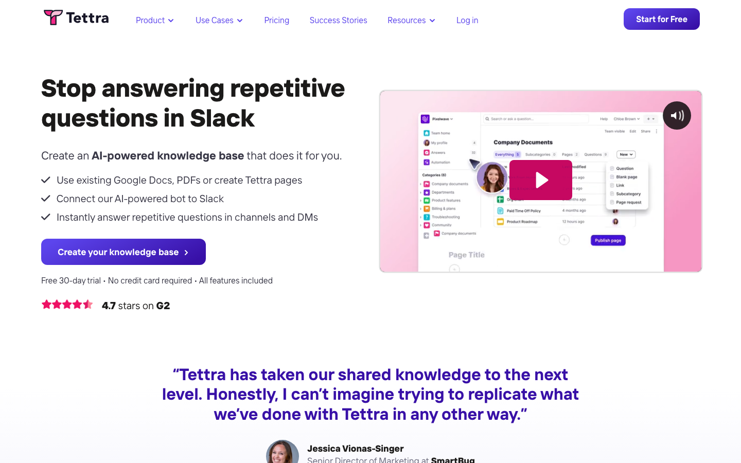 Tettra Homepage - KI-gestützte Wissensdatenbank für Slack-zentrierte Teams