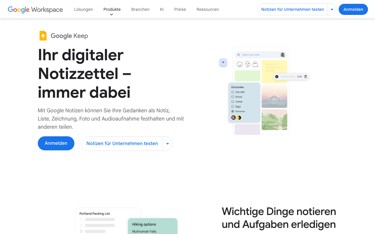 Google Keep Homepage – kostenloser digitaler Notizzettel