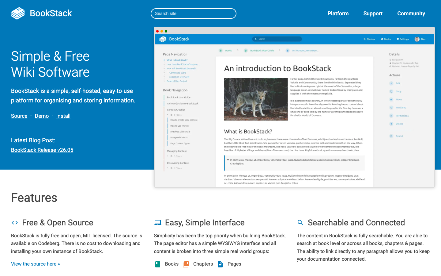 BookStack Homepage - einfachste Open-Source Confluence Alternative