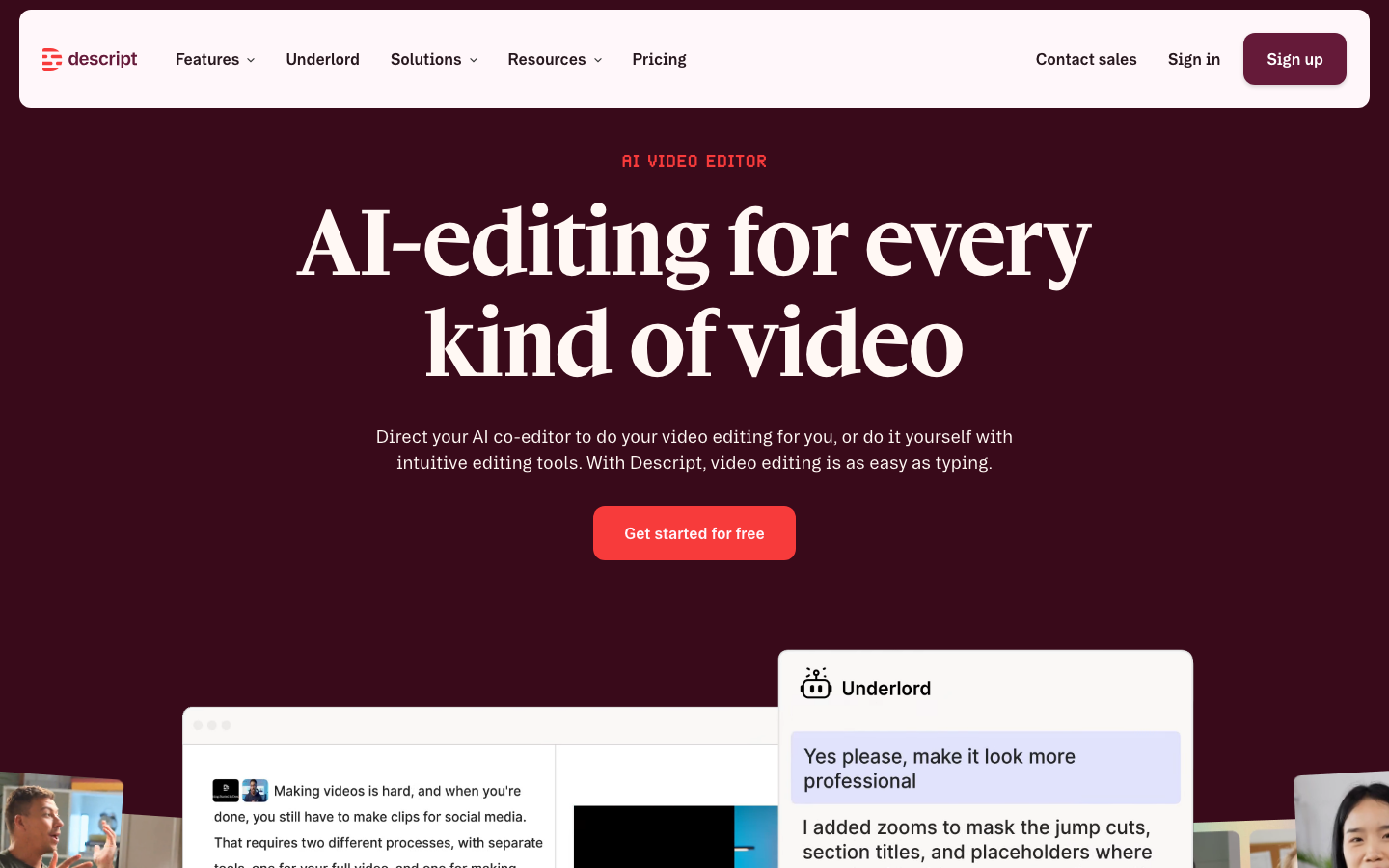 Descript Homepage Screenshot – KI-Videobearbeitung und Screen Recording