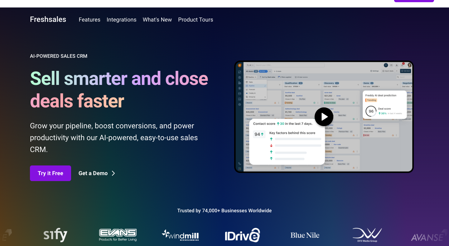 Freshsales CRM Startseite – KI-gestütztes Sales CRM von Freshworks (Quelle: Freshsales)
