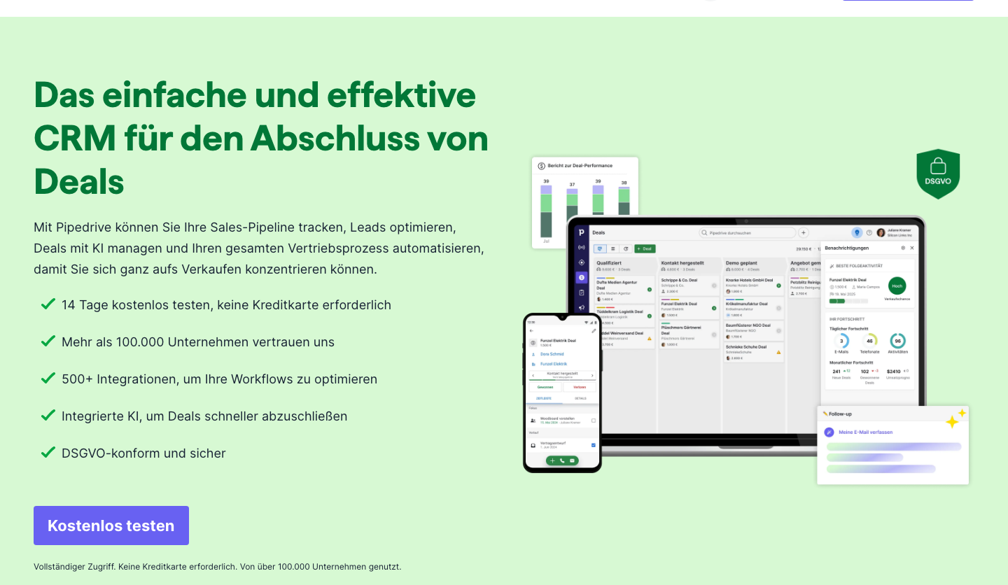 Pipedrive CRM Startseite – intuitive Sales Pipeline für B2B-Vertriebsteams (Quelle: Pipedrive)