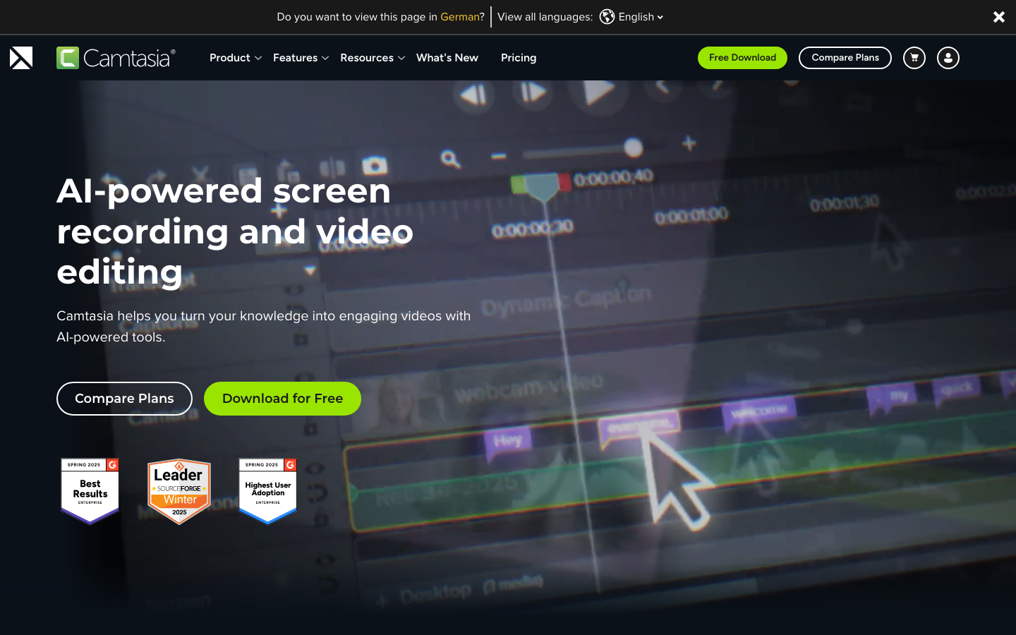 Camtasia Homepage Screenshot – Professioneller Video-Editor fuer Tutorials
