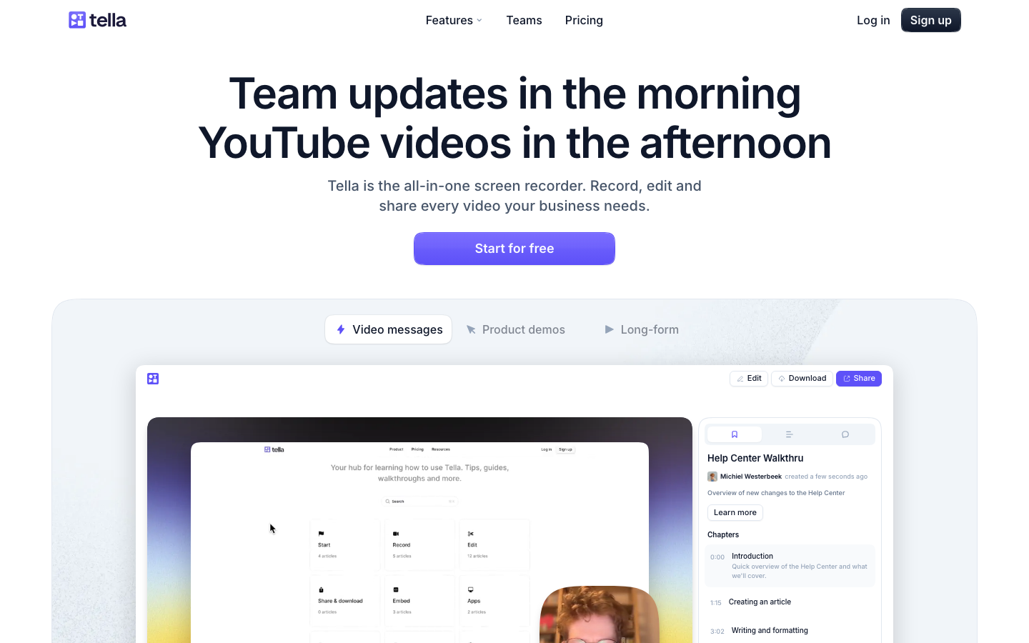 Tella Homepage Screenshot – KI-Screen Recorder fuer Async-Videos