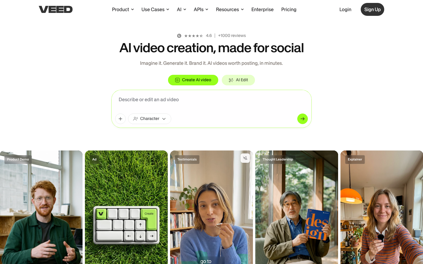 VEED Homepage Screenshot – Browserbasierter KI-Video-Editor