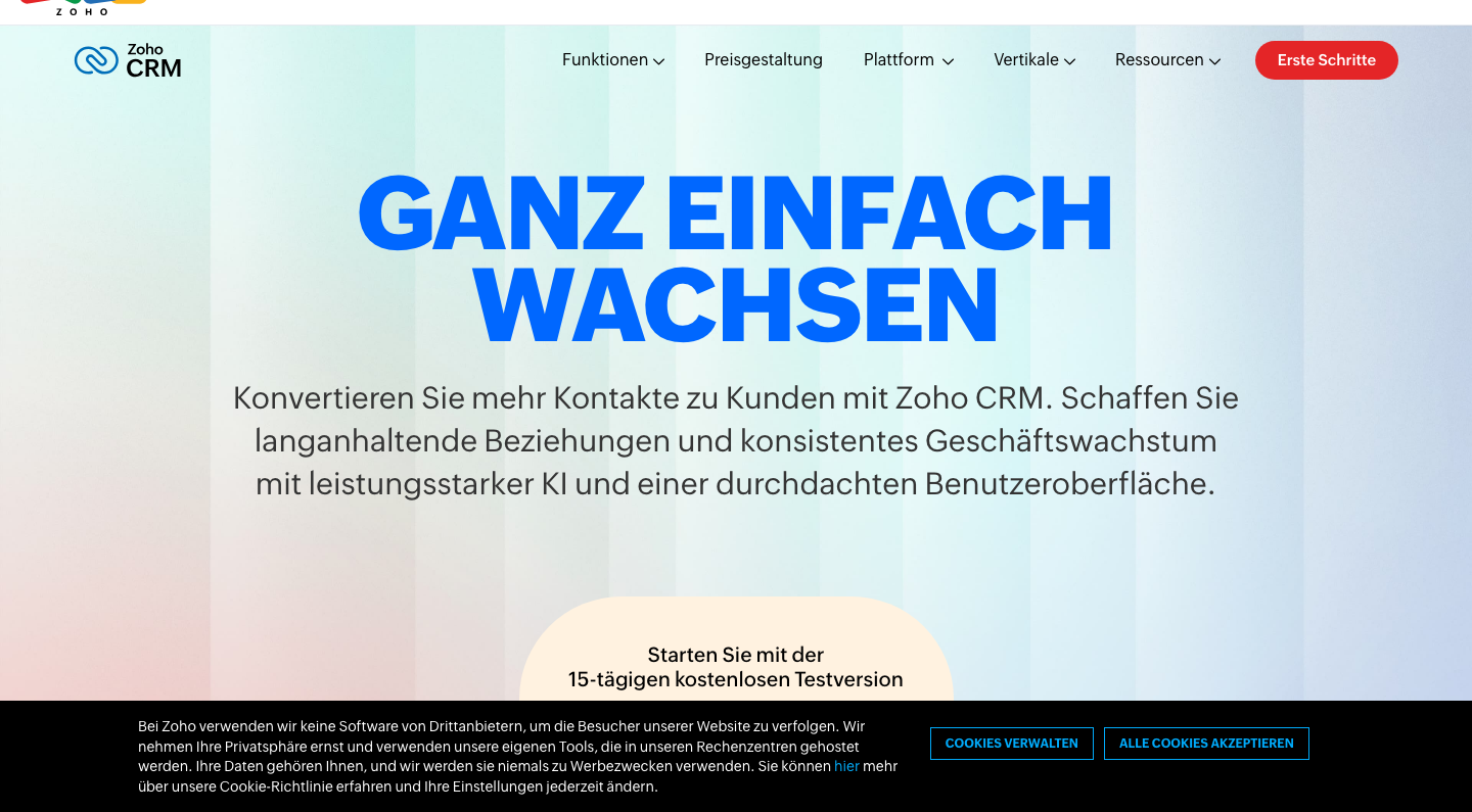 Zoho CRM Startseite – DSGVO-konformes CRM mit EU-Rechenzentrum Frankfurt (Quelle: Zoho)