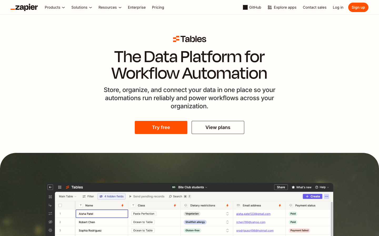 Zapier Tables Homepage - Automatisierungs-zentrierte Datenbank von Zapier