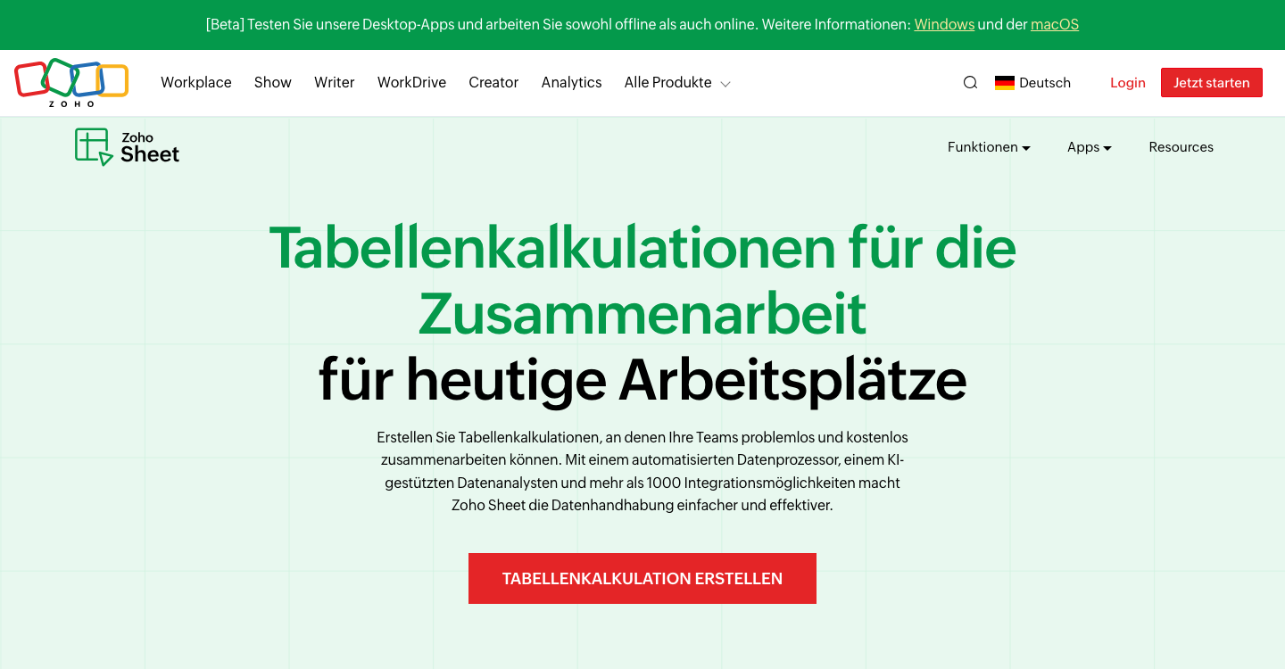 Zoho Sheet Produktseite – Online-Tabellenkalkulation für Teams