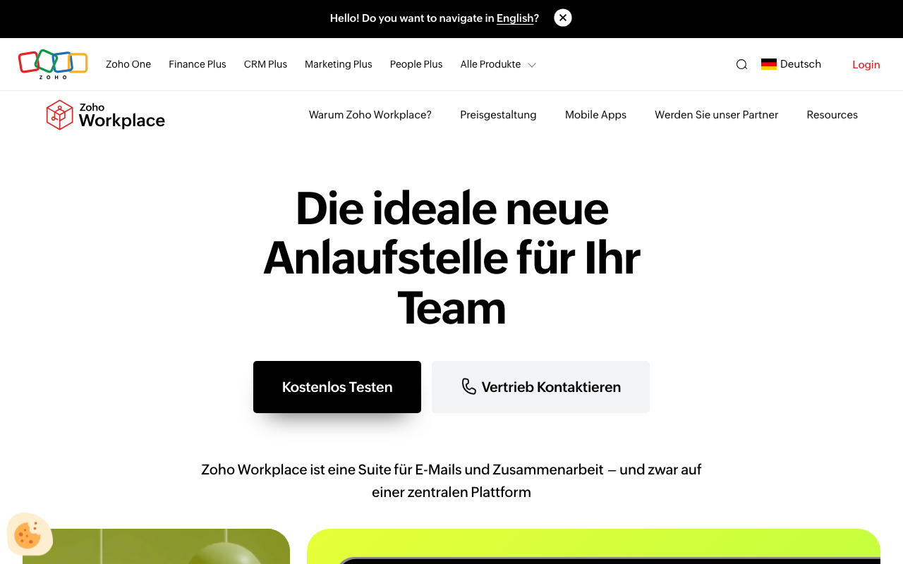 Startseite von Zoho Workplace, der guenstigen EU-Suite