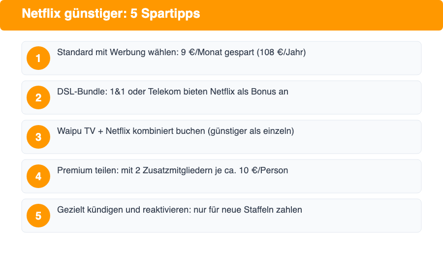 Infografik: 5 Spartipps für Netflix-Abonnenten 2026 - so senkst du deine monatlichen Kosten